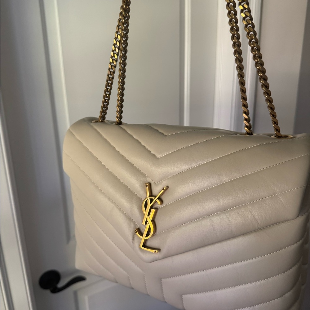 NEW: Yves Saint Laurent Beige Quilted LouLou Shoulder Bag